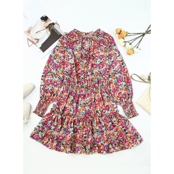 Fall Boho Floral Mini Dress Women Long Sleeve V Neck Smocked Ruffle - Picture 4 of 5